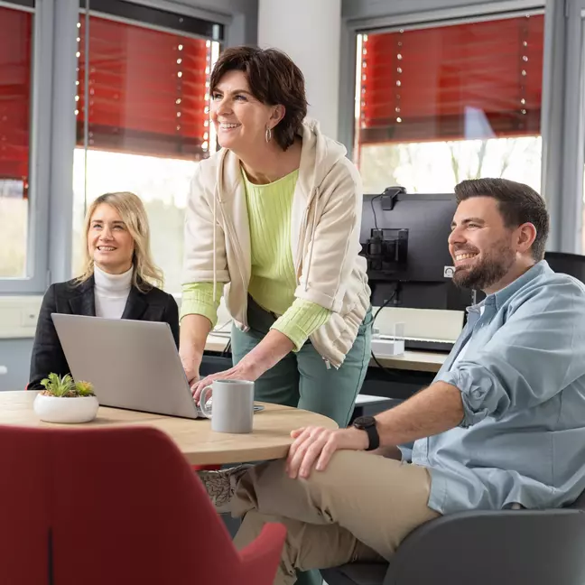 Vier Mitarbeitende besprechen ein Projekt gemeinsam an einem Laptop in einem modernen Büro