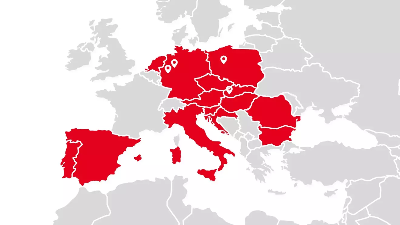 Mapa da Europa com todos os países onde existem lojas KiK e os centros logísticos na Alemanha, na Polónia e na Eslováquia