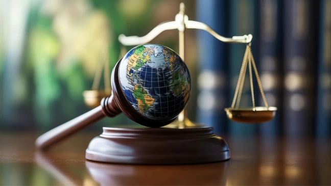 Martelo de juiz com globo e balança, simbolizando as disposições legais e os requisitos aplicáveis à KiK no âmbito da ESG