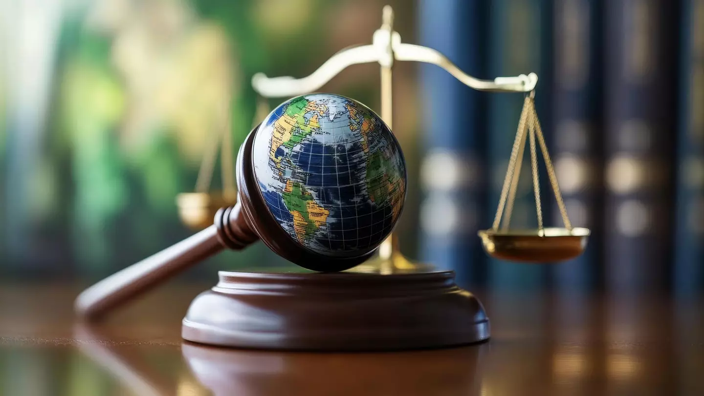 Martelo de juiz com globo e balança, simbolizando as disposições legais e os requisitos aplicáveis à KiK no âmbito da ESG