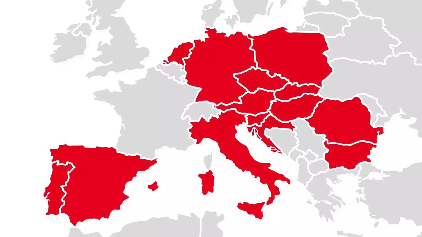 Detalhe do mapa com os 14 países europeus onde a KiK está presente, nos quais se encontram mais de 4 200 lojas